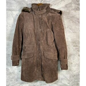 BGSD Women's Medium Short Brown Suede Fur‎ Hood Quilt Lined Parka Jacket Coat
